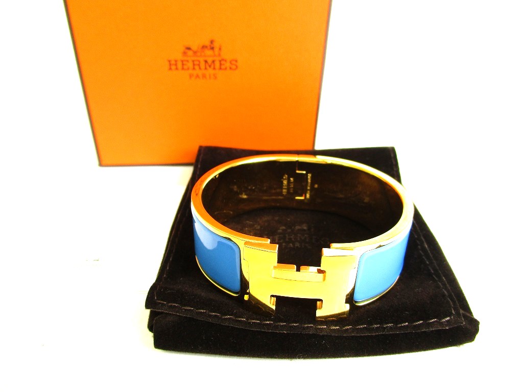 Photo1: HERMES Gold Plated Light Blue Clic H Bracelet Bangle Small Size #9403