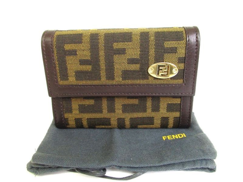 Photo1: FENDI Zucca Canvas Brown Leather Trifold Wallet Compact Wallet #9405