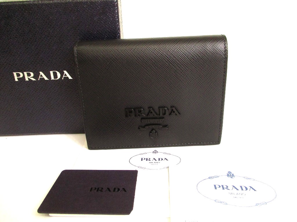 Photo1: PRADA Saffiano Black Leather Bifold Wallet Compact Wallet #9412