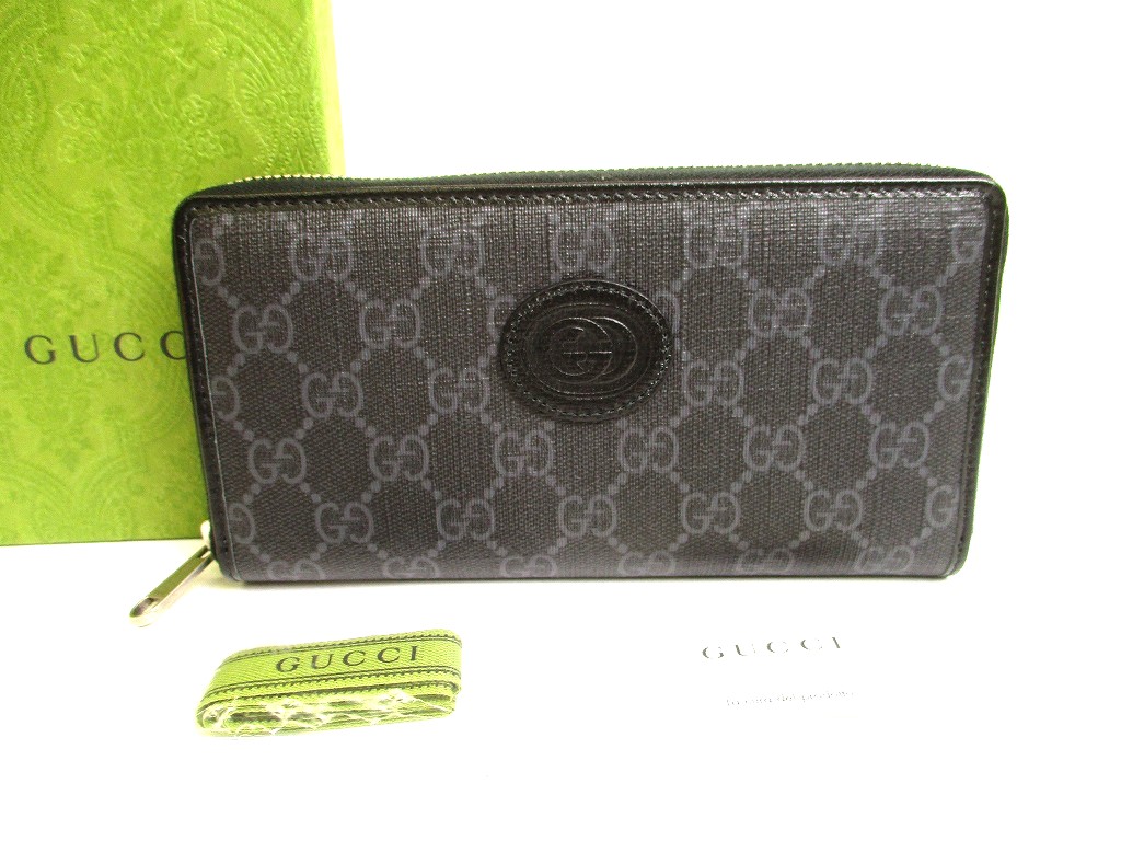 Photo1: GUCCI Interlocking G Black GG PVC Leather Round Zip Wallet #9436