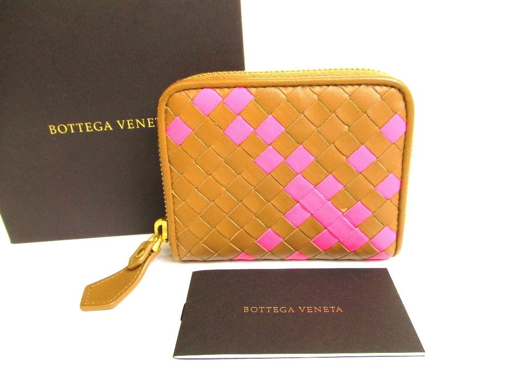 Photo1: BOTTEGA VENETA Intrecciato Brown Pink Leather Round Zip Coin Purse #9439