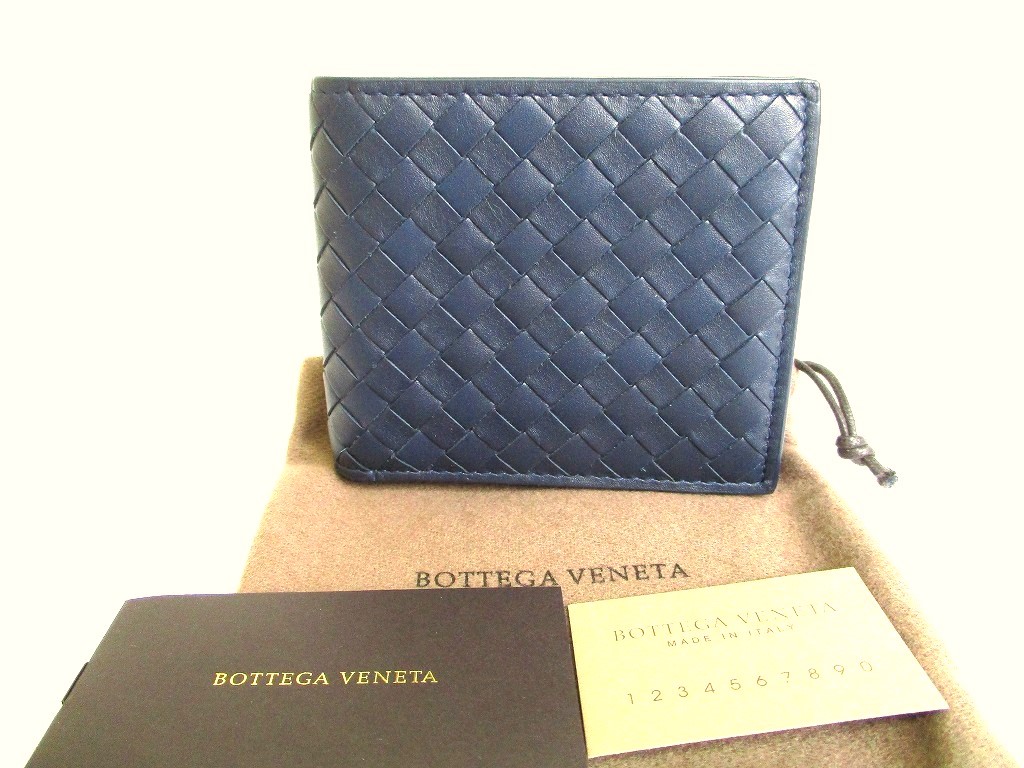 Photo1: BOTTEGA VENETA Navy Blue Leather Bifold Wallet Compact Wallet #9469
