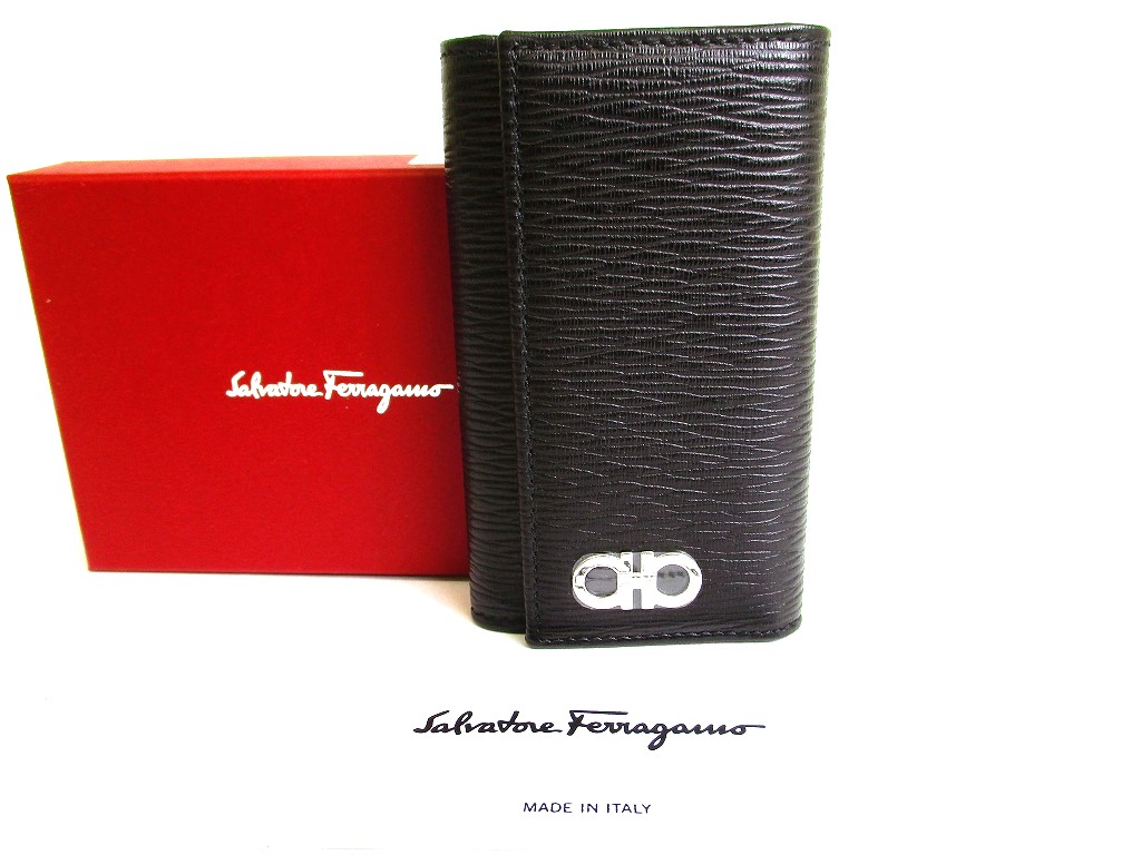 Photo1: Salvatore Ferragamo Gancini Black Leather Silver H/W 6Pics Key Case #9479