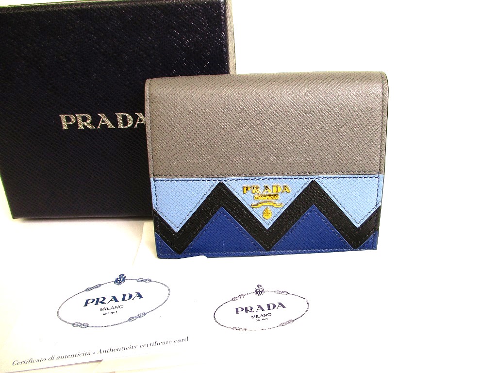 Photo1: PRADA Saffiano Dark Gray Blue Multicolor Leather Bifold Wallet Compact Wallet #9518