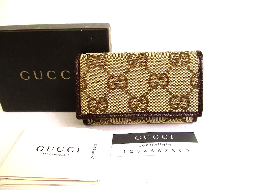 Photo1: GUCCI GG Brown Canvas and Leather 6 Pics Key Cases #9534