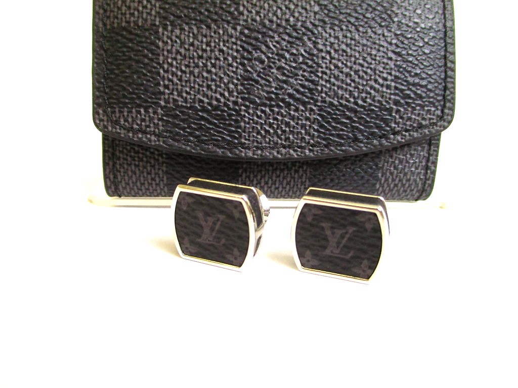 Photo1: LOUIS VUITTON Black Monogram Eclipse Calf Leather & Brass Cufflinks #9535