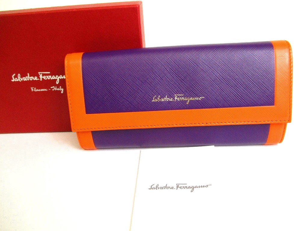 Photo1: Salvatore Ferragamo Purple and Orange Leather Bifold Long Flap Wallet #9549
