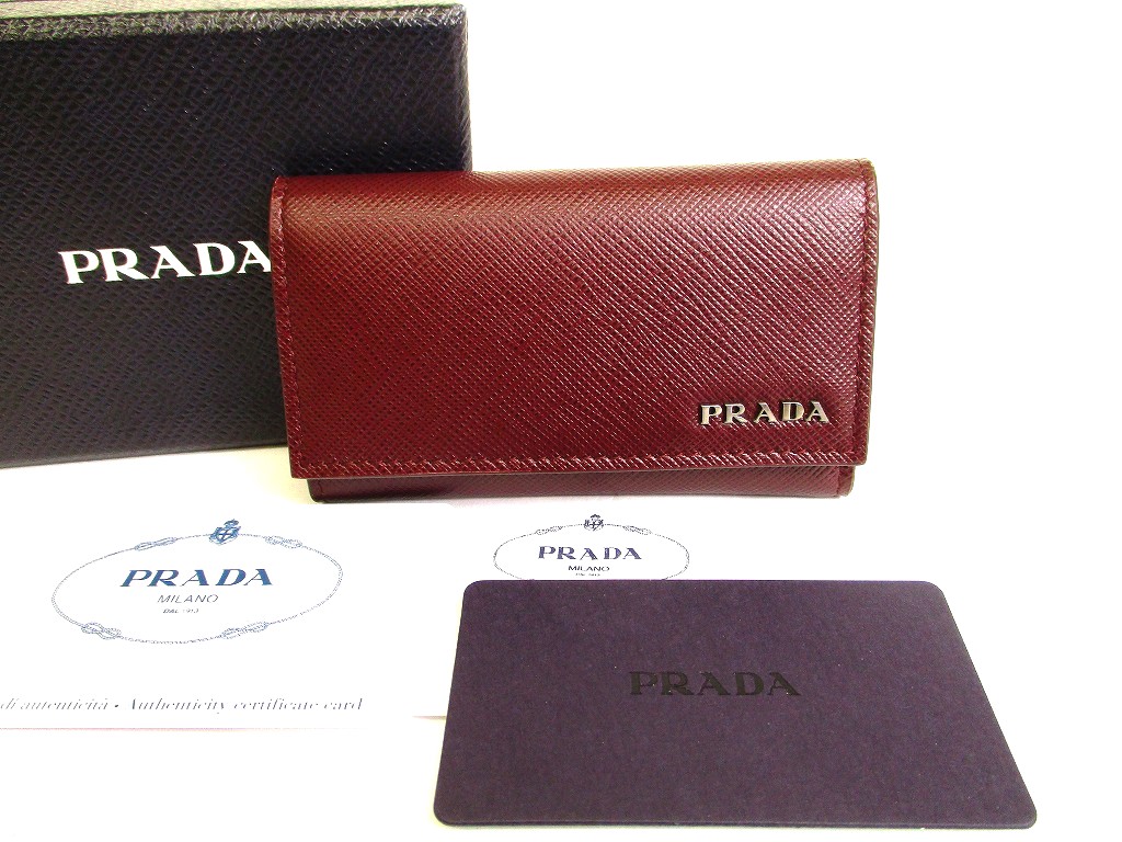 Photo1: PRADA Bordeaux Saffiano Metal Leather 6 Pics Key Cases #9552