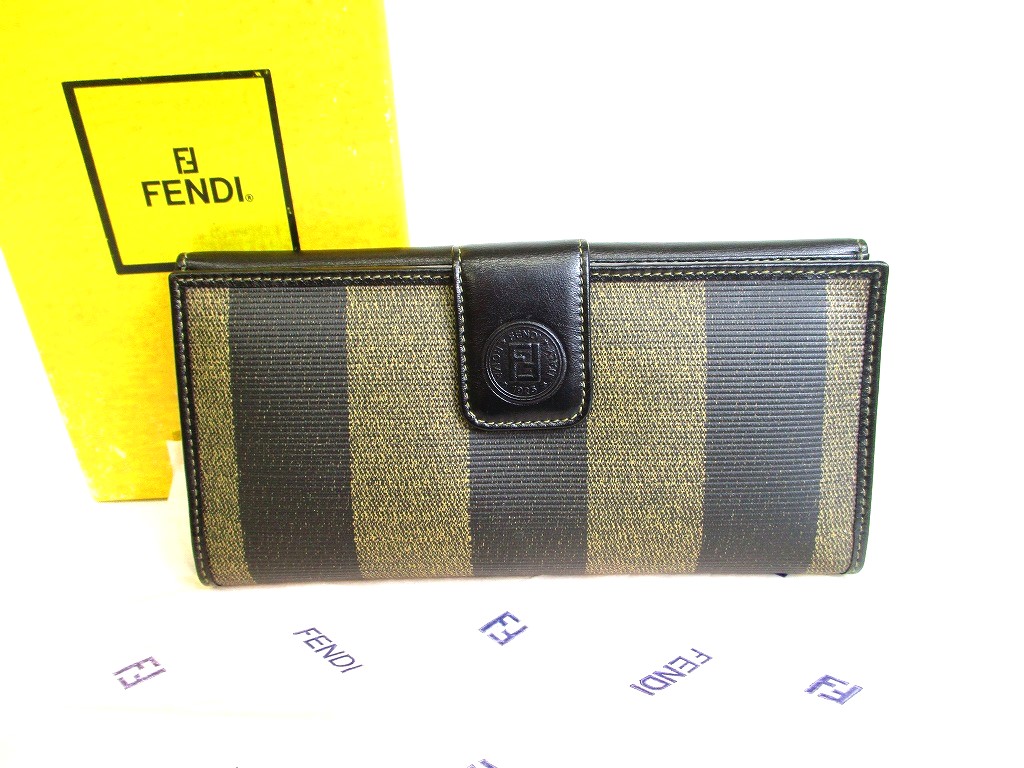 Photo1: FENDI Khaki Pecan PVC Canvas Black Leather Bifold Long Wallet #9560