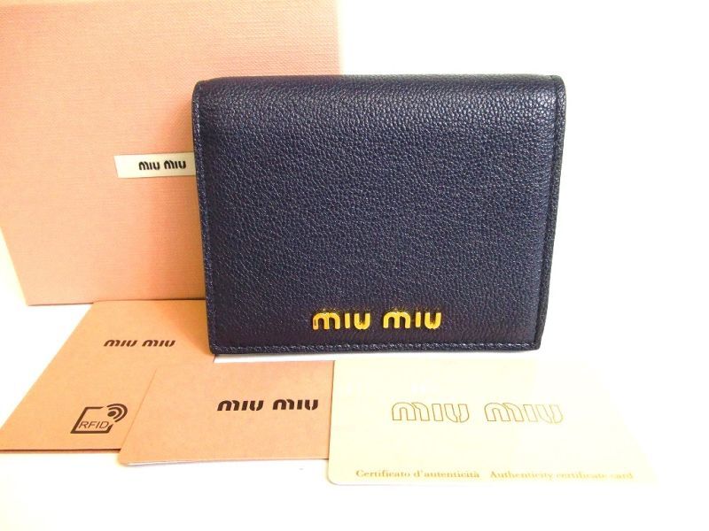 Photo1: miumiu Navy Blue Madras Leather Bifold Wallet Compact Wallet #9566