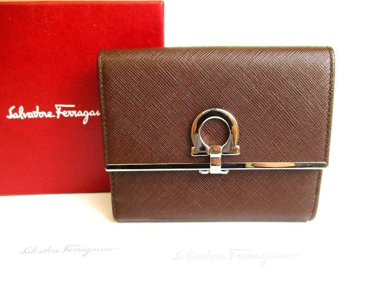 Photo1: Salvatore Ferragamo Gancini Dark Brown Leather Bifold Wallet #9578