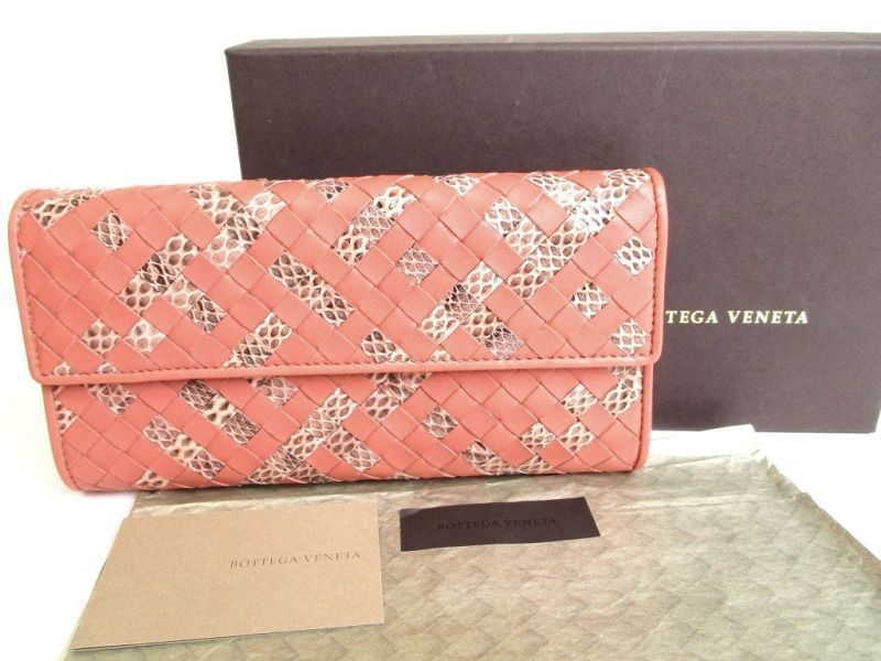 Photo1: BOTTEGA VENETA Intrecciato Salmon Pink Leather Bifold Long Flap Wallet #9621
