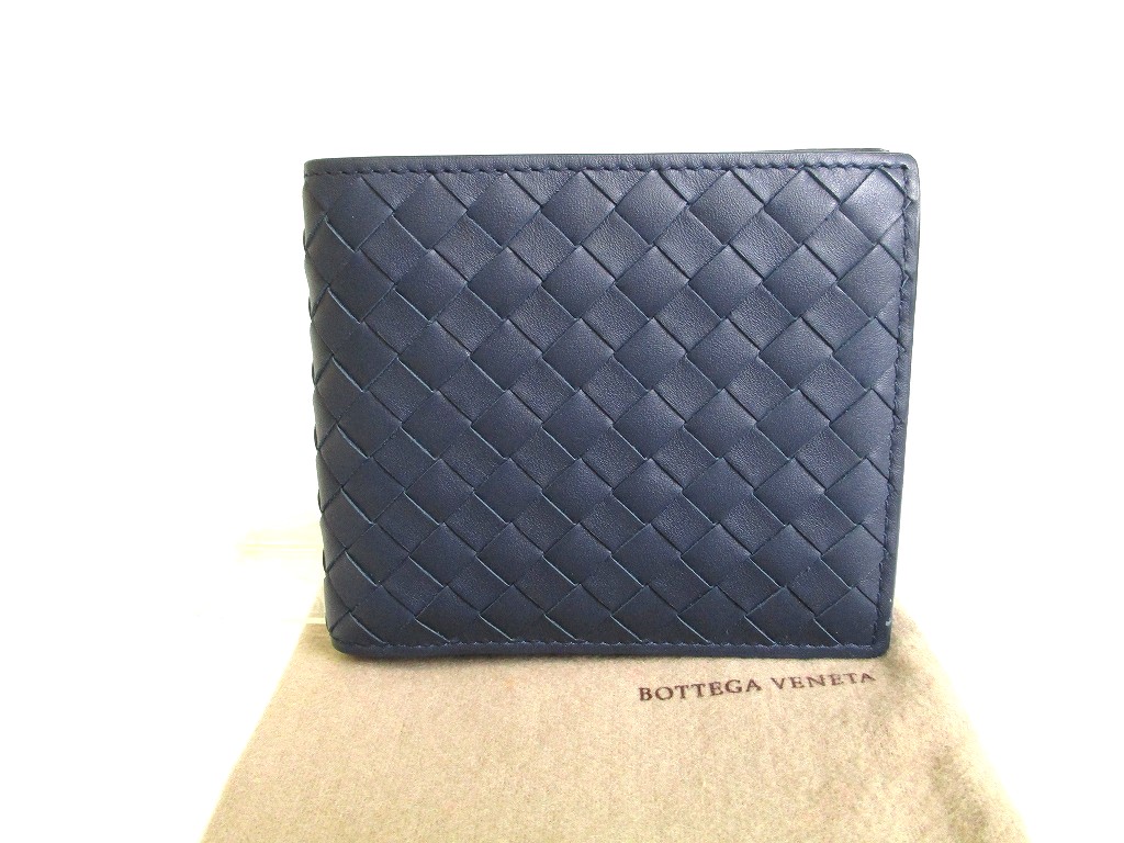Photo1: BOTTEGA VENETA Intrecciato Navy Blue Leather Bifold Wallet Compact Wallet #9622