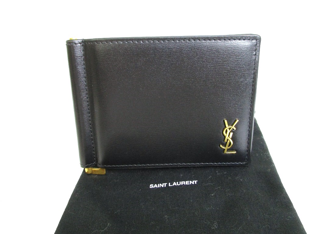 Photo1: Saint Laurent Paris Black Leather Bifold Bill Wallet Purse #9632