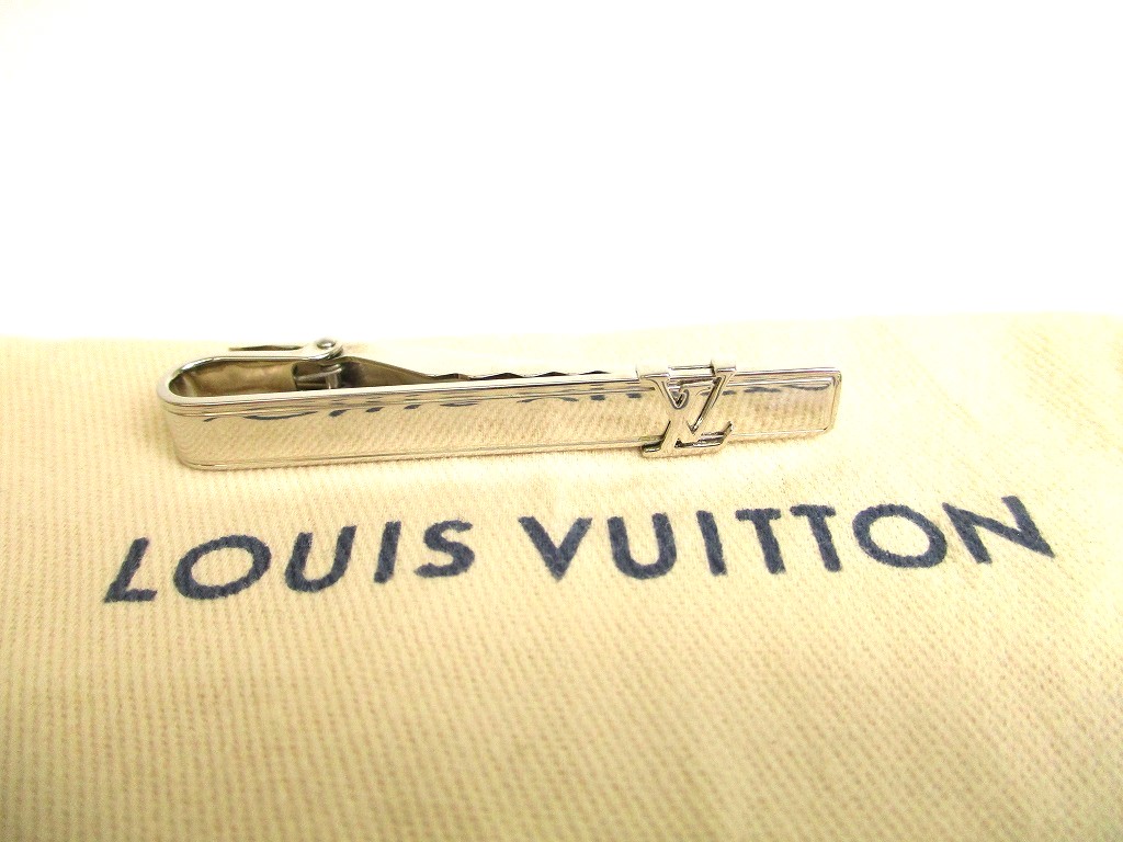 Photo1: LOUIS VUITTON Silver Steel LV Motif Necktie Pin Tie Clip #9635