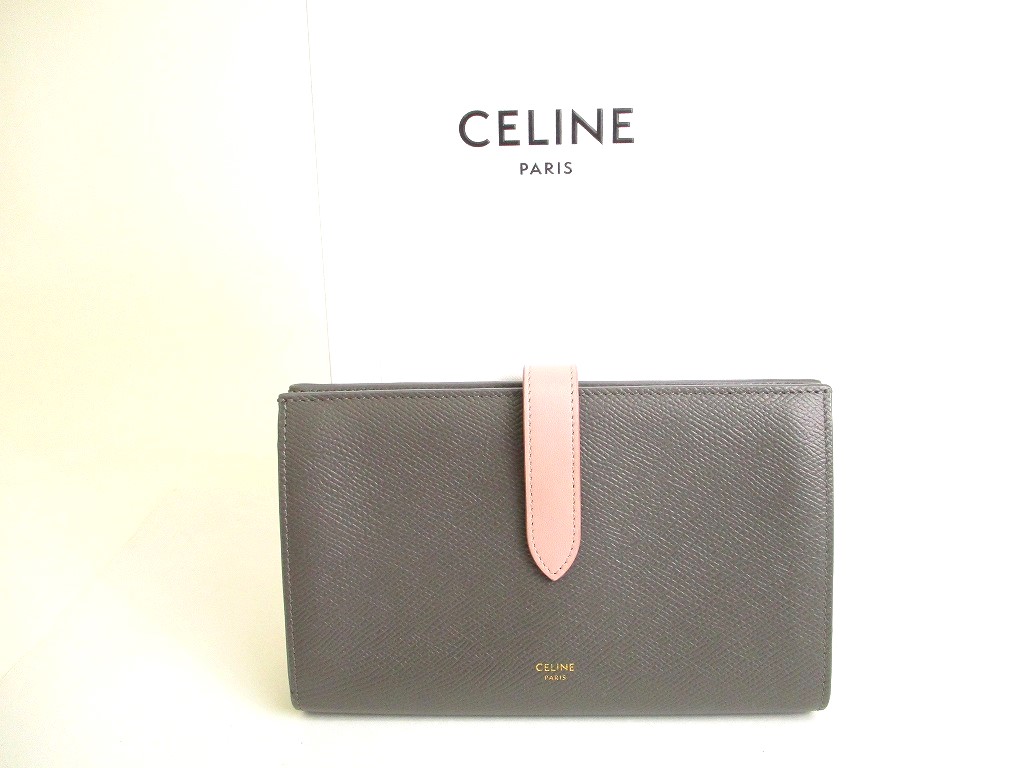 Photo1: CELINE Dark Gray Grained Leather Large Strap Wallet Long Wallet #9688