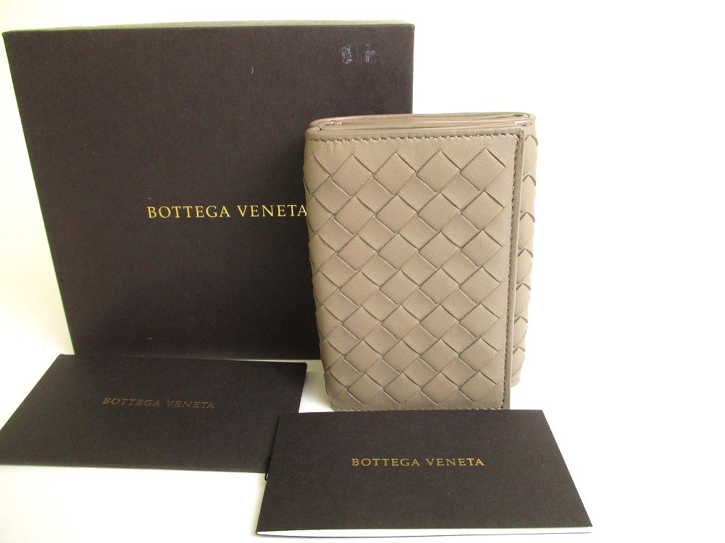Photo1: BOTTEGA VENETA Intrecciato Beige Leather Trifold Wallet Compact Wallet #9696