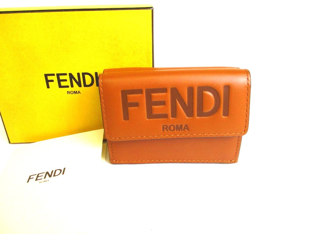 Photo1: FENDI ROMA Brown Leather Trifold Wallet Compact Wallet # 9709