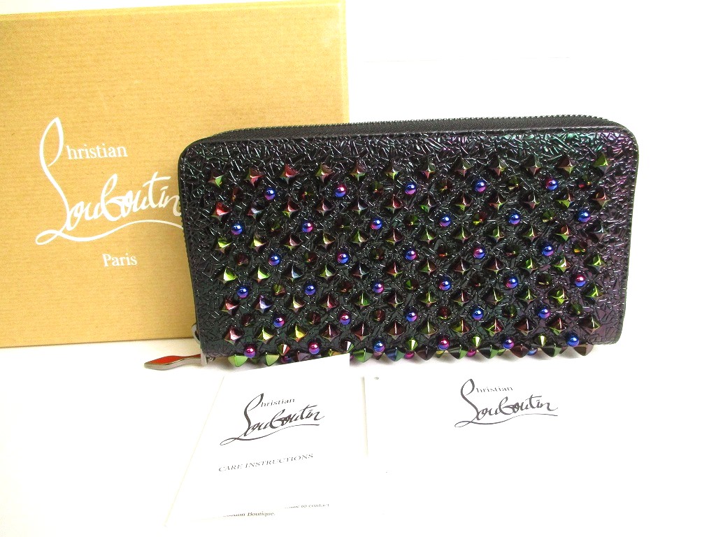 Photo1: Christian Louboutin Panettone Black Leather Multicolor Spikes Round Zip Wallet #9746