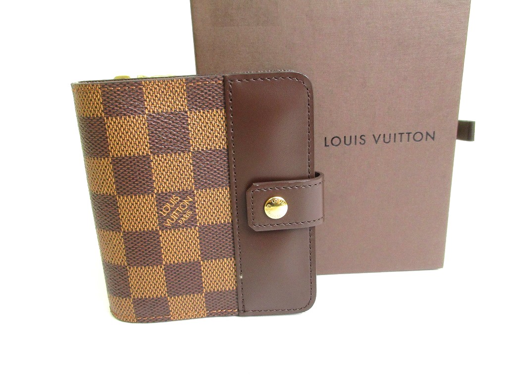 Photo1: LOUIS VUITTON Damier Brown Leather Bifold Wallet Compact Zip #9750