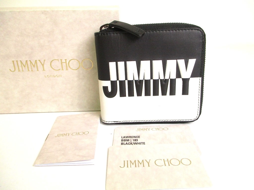 Photo1: Jimmy Choo Black White Leather Bifold Wallet Compact Wallet Lawrence #9752