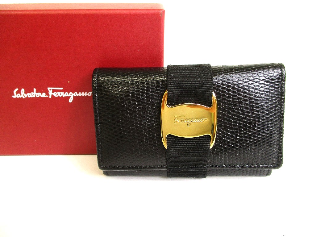Photo1: Salvatore Ferragamo Vara Black Leather Gold H/W 6Pics Key Case #9754