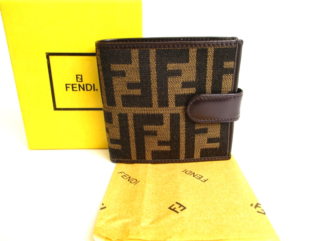 Photo1: FENDI Zucca Dark Brown Canvas Leather Bifold Wallet Compact Wallet #9777