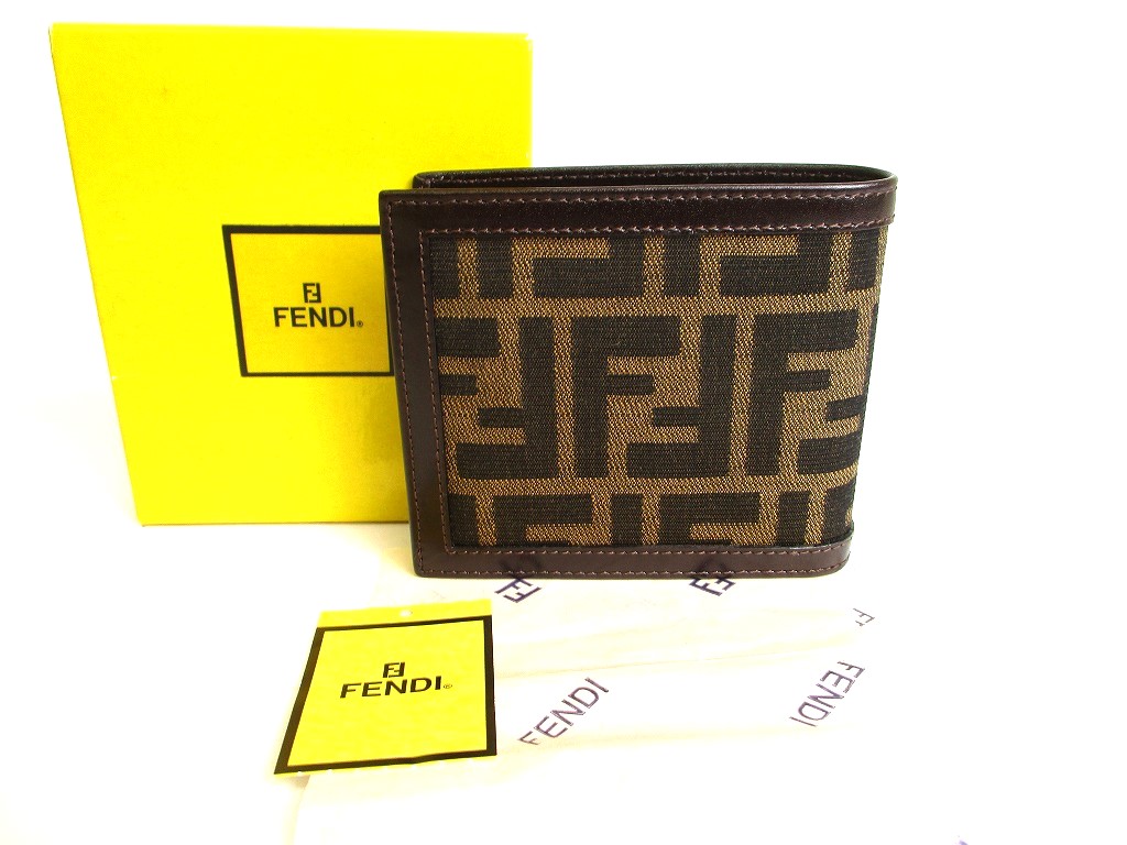 Photo1: FENDI Zucca Dark Brown Canvas Leather Bifold Wallet Compact Wallet #9778