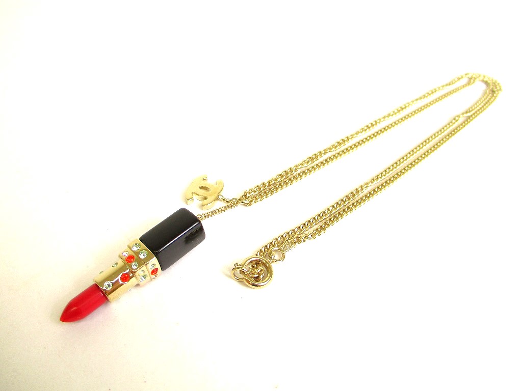 Photo1: CHANEL Vintage CC Logo Lipstick Motif Champagne Gold Chain Necklace #9787