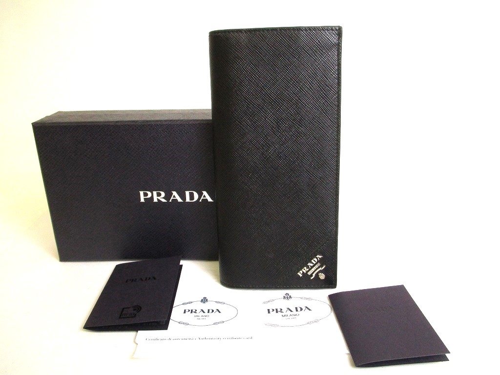 Photo1: PRADA Saffiano Metal Blaci Leather Bifold Long Flap Wallet #9830