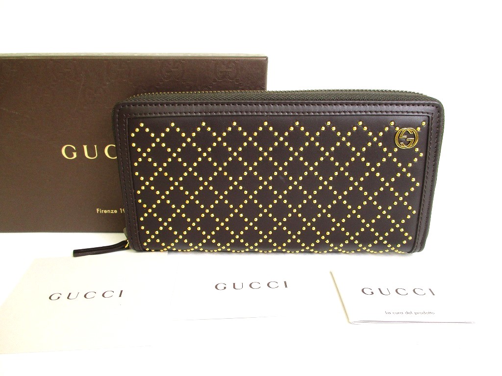 Photo1: GUCCI GG Diamante Spike Dark Brown Leather Round Zip Wallet #9841