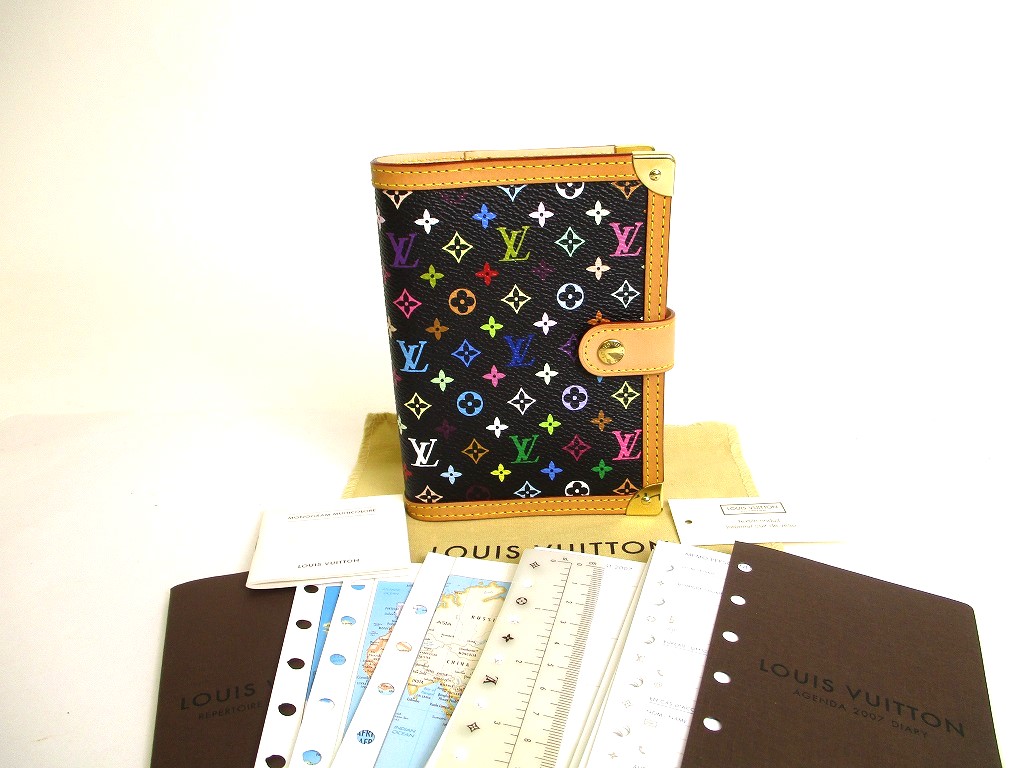 Photo1: LOUIS VUITTON Multicolor Black Leather Small Ring Agenda Cover #9852