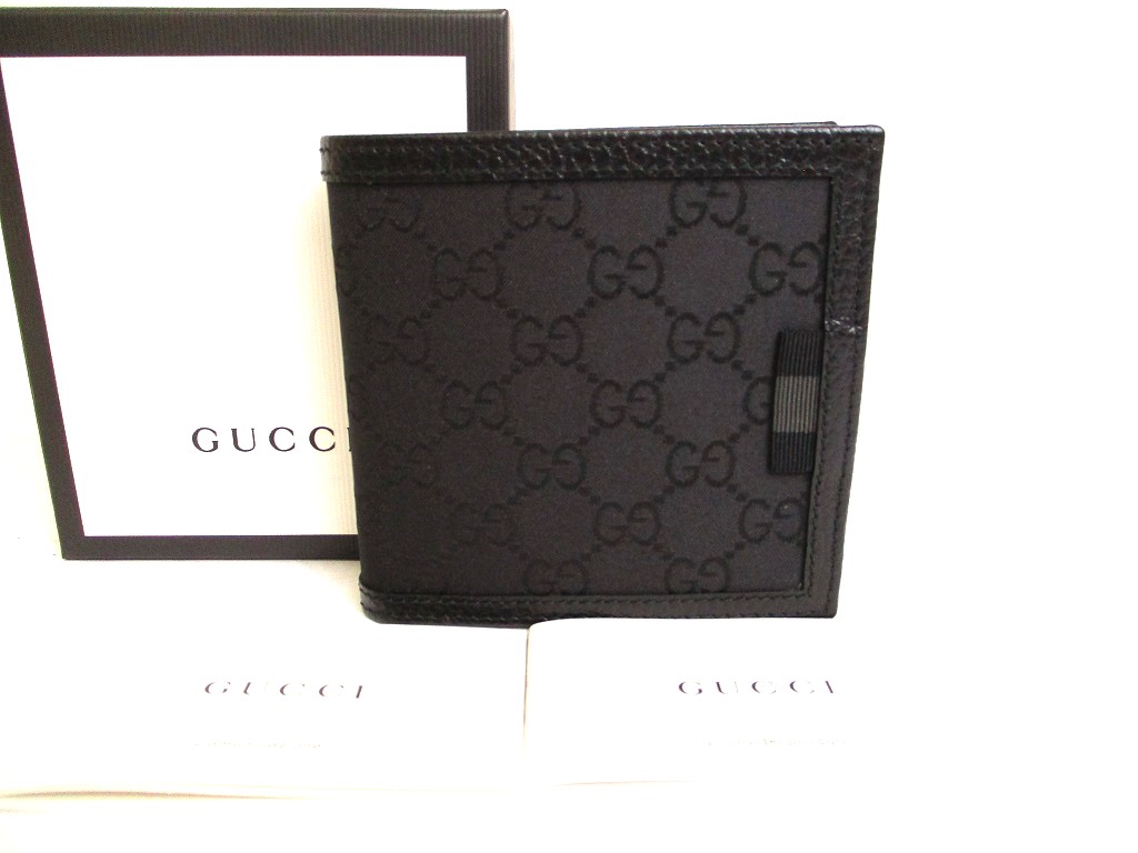 Photo1: GUCCI GG Black Nylon and Leather Bifold Bifold Wallet Compact Wallet #9906