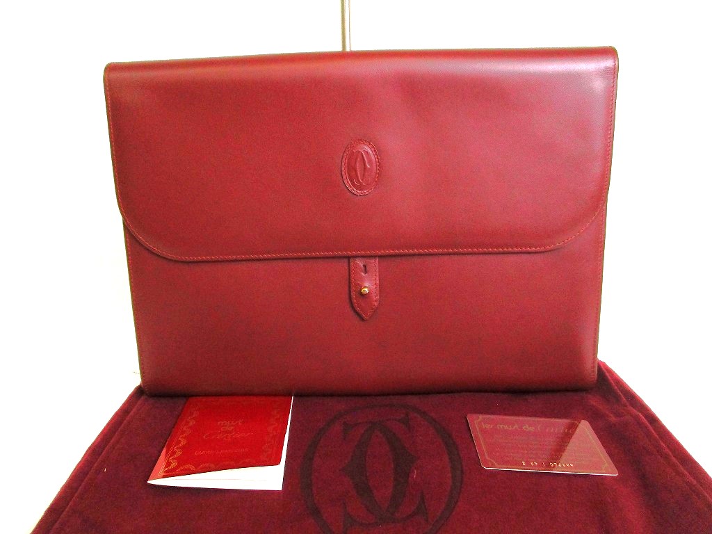 Photo1: Cartier Bordeaux Leather Must de Cartier A4 Document Case Clutch Bag #9925
