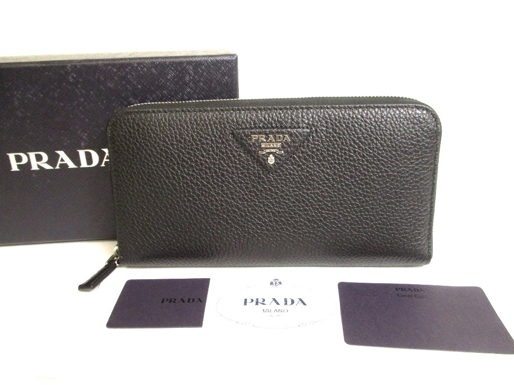 Photo1: PRADA Black Calf Leather Round Zip Long Wallet #9939