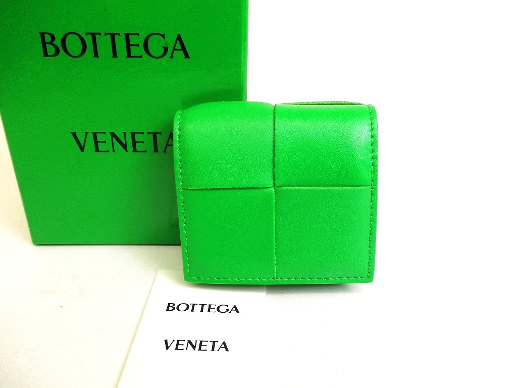 Photo1: BOTTEGA VENETA Intrecciato Green Leather Cassette Folded Coin Purse #9950