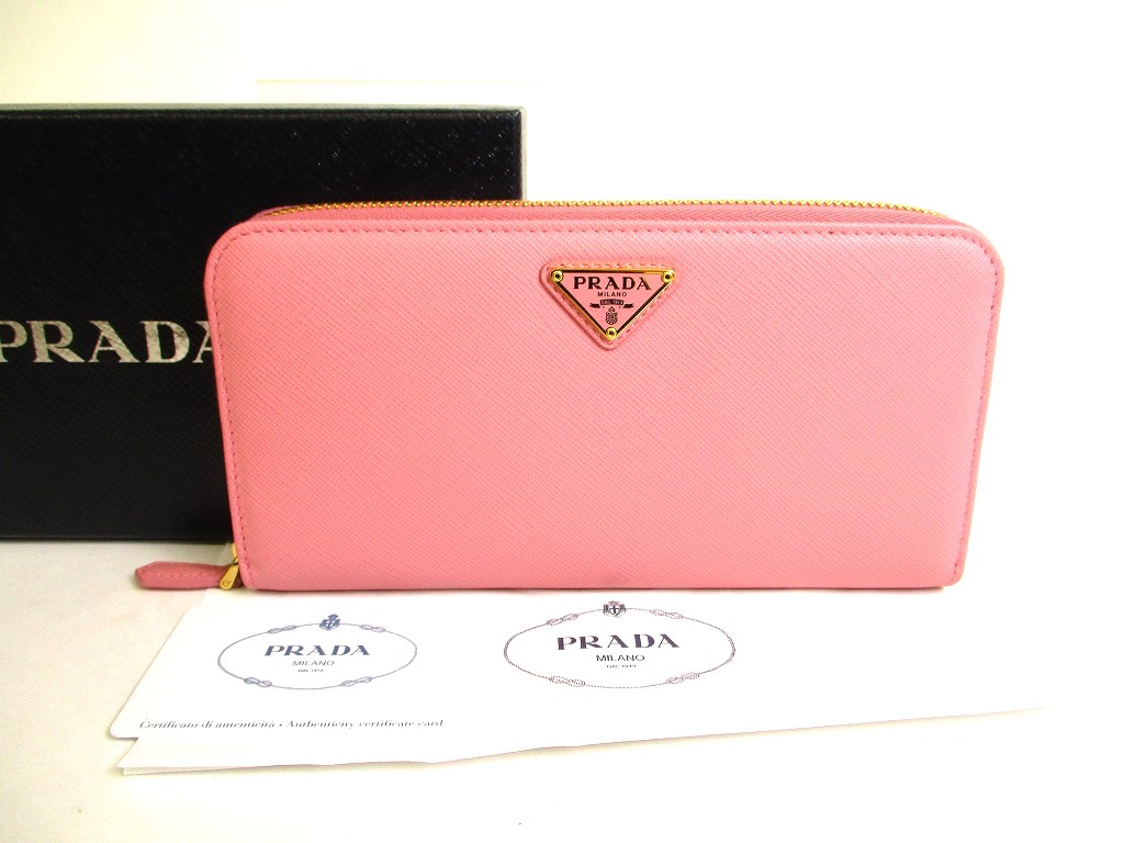 Photo1: PRADA Pink Saffiano Triang Leather Round Zip Long Wallet #9968