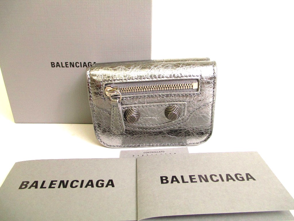 Photo1: BALENCIAGA Silver Gray Leather Trifold LE CAGOLE Mini Wallet #9984