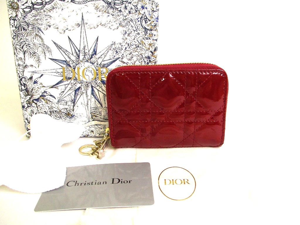 Photo1: Christian Dior Lady Dior Red Patent Leather Round Zip Coin Purse #9989