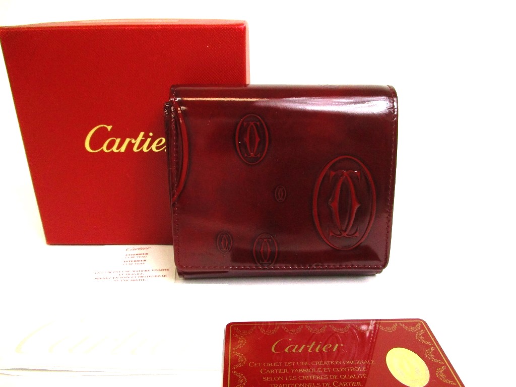 Photo1: Cartier Happy Birthday Bordeaux Calf Leather Trifold Wallet Purse #a002