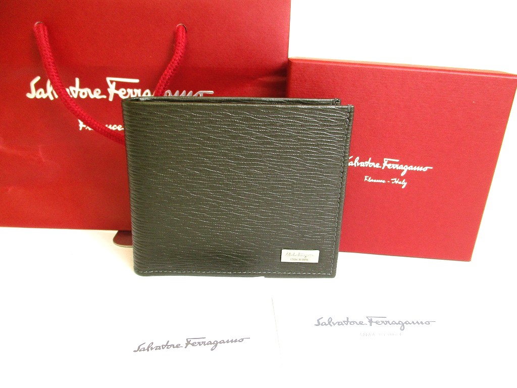 Photo1: Salvatore Ferragamo Dark brown and Navy blue Leather Bifold Wallet #a009