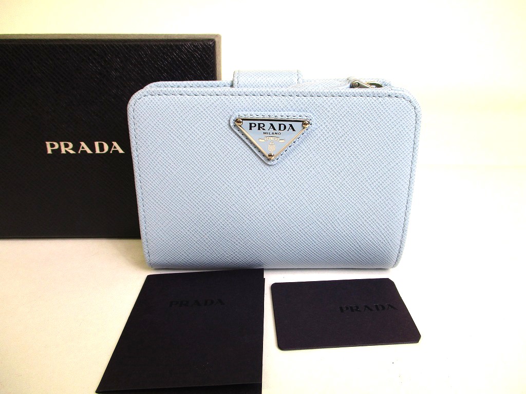 Photo1: PRADA Saffiano Light Blue Leather Bifold Wallet Compact Wallet #a011