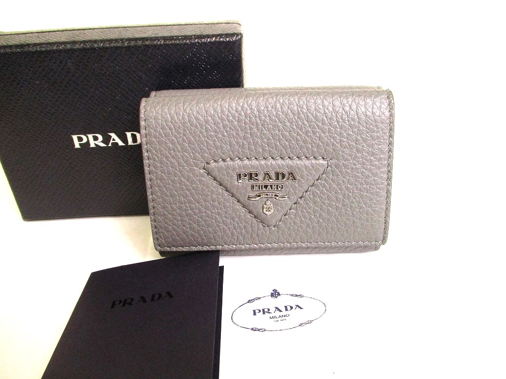 Photo1: PRADA Light Gray VIT Daino Leather Trifold Wallet Compact Wallet #a013