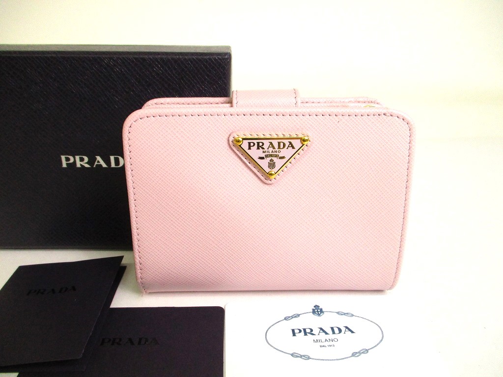 Photo1: PRADA Saffiano Light Pink Leather Bifold Wallet Compact Wallet #a014