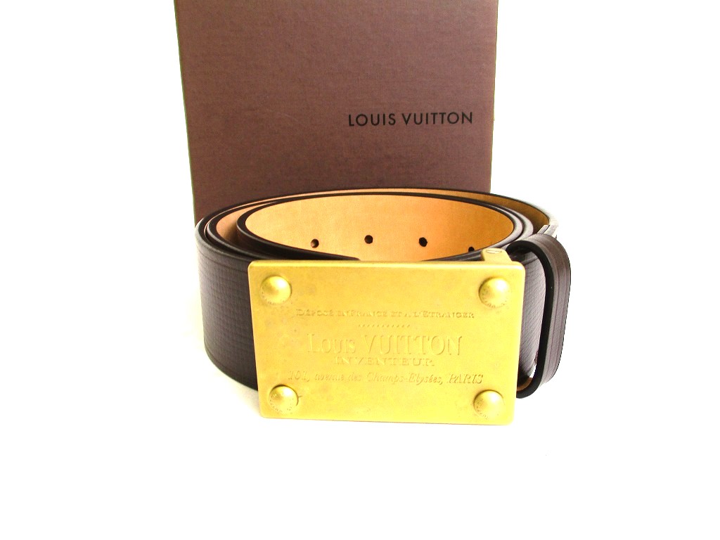 Photo1: LOUIS VUITTON Utah Dark Brown Leather Inventure Gold Buckle Belt Size M #a023