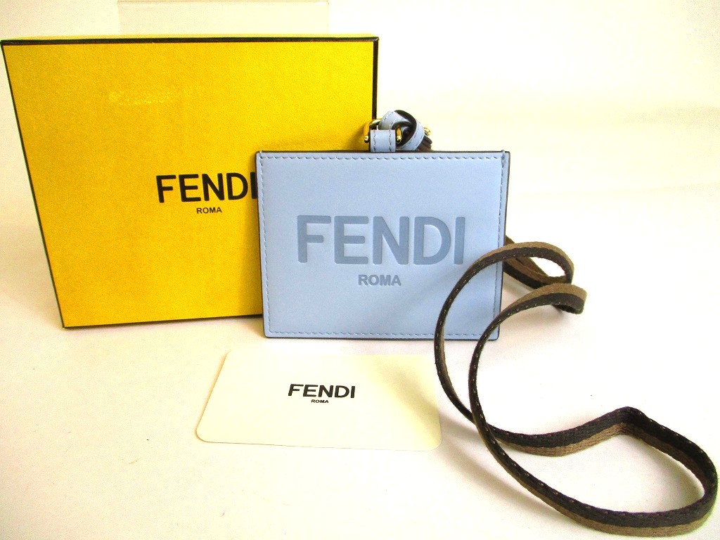 Photo1: FENDI Roma Light Blue Leather Pequin Ribbon Strap Name Badge #a032