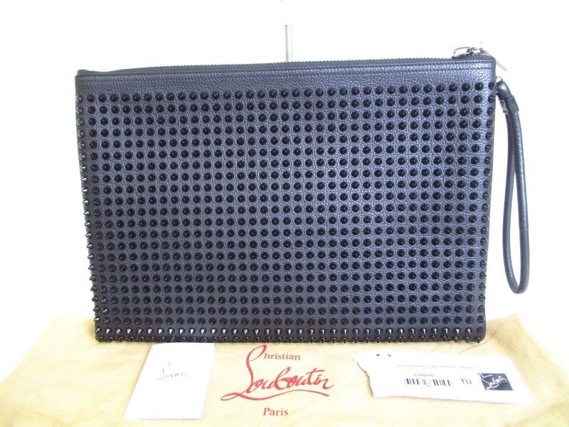 Photo1: Christian Louboutin Plastic Spikes Black Leather A4 Clutch Bag #a035