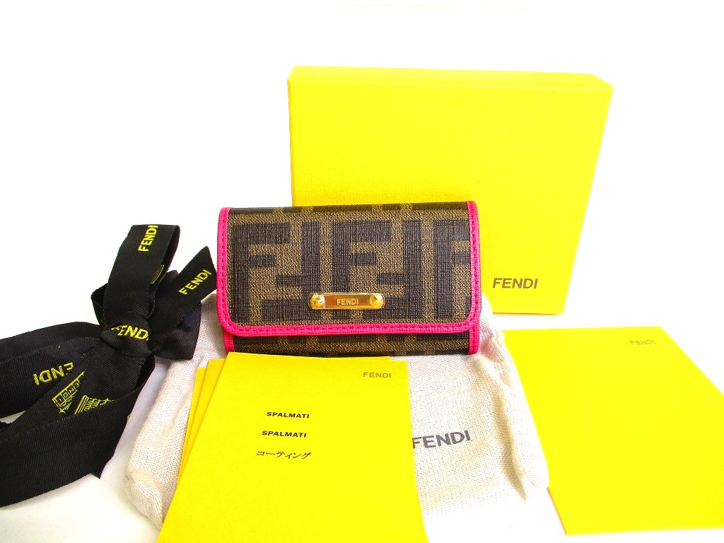 Photo1: FENDI Zucca Brown Coating Canvas PInk Leather 6pics Key Cases #a038