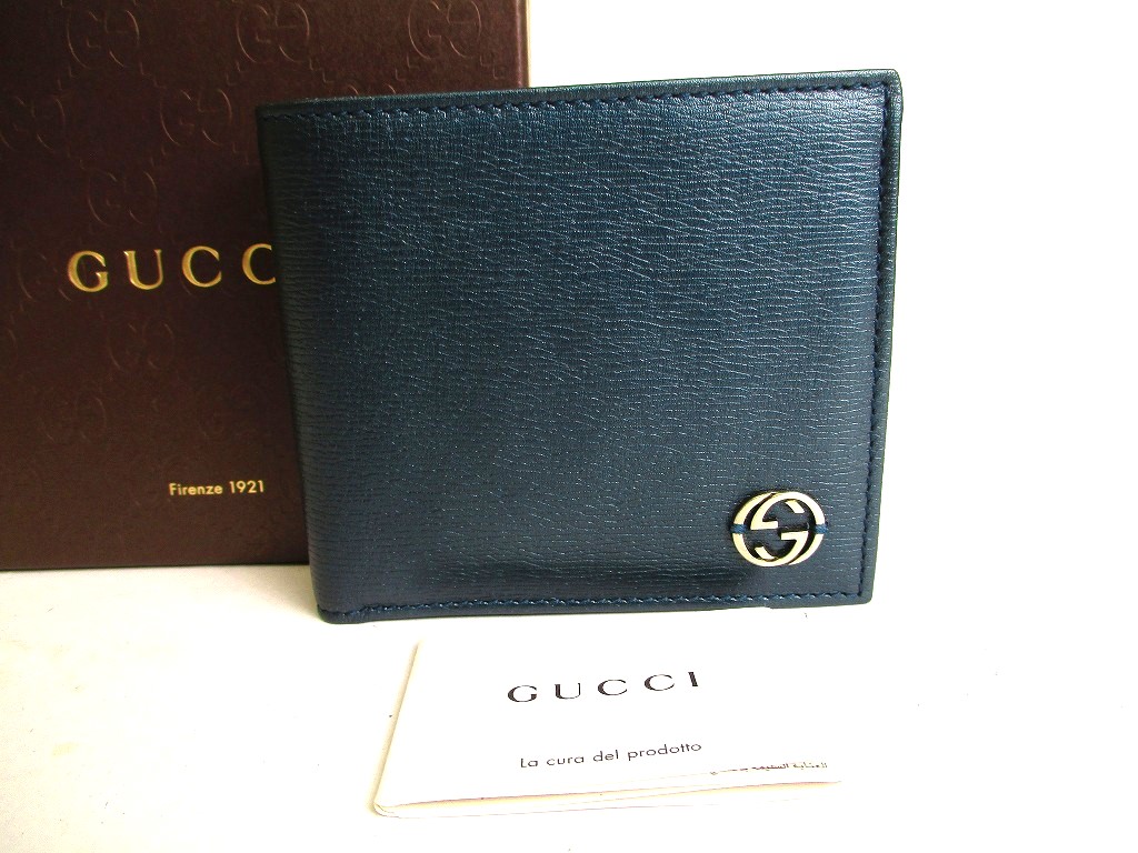 Photo1: GUCCI InterlockingG Metallic Green Leather Bifold Wallet Compact Wallet #a049