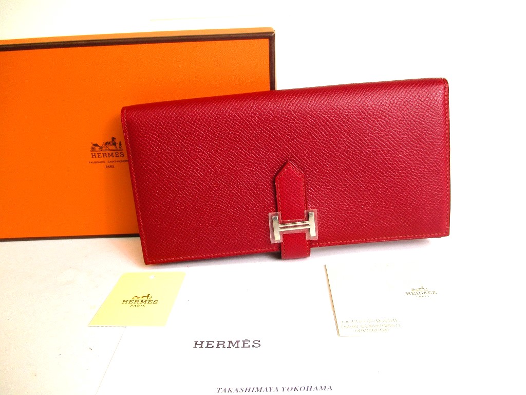 Photo1: HERMES Rouge H Veau Epson Silver H/W Long Wallet Bearn Soufflet #a053